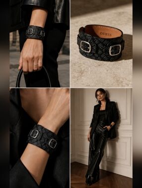 GUESS Genuine Leather Wide Cuff Bracelet – Black & Silver